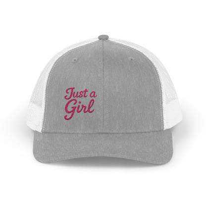 Just a Girl Trucker Hat – Minimalist Script Hat with Bold Feminine Energy and Classic Style. Pink Letters