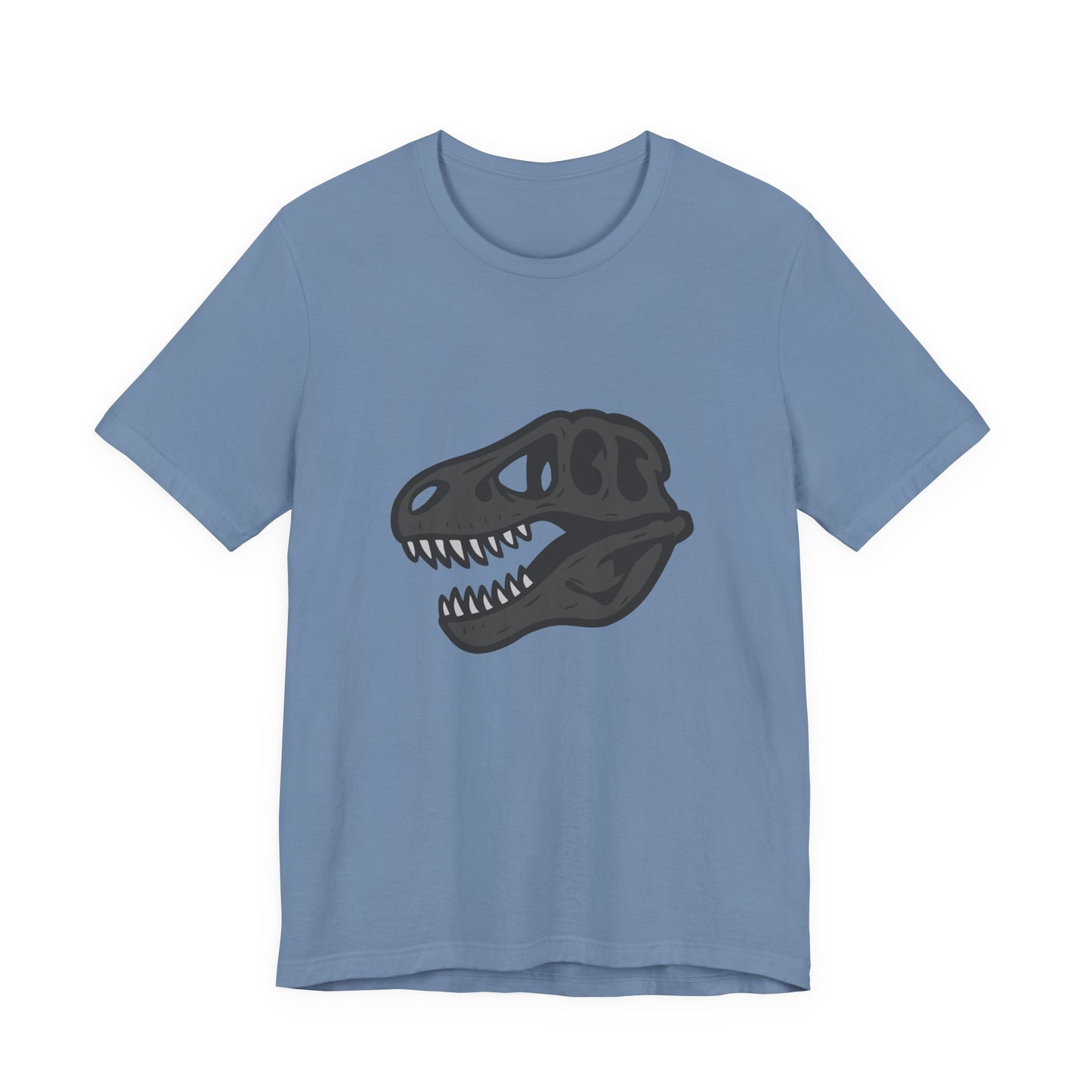 T-Rex Skull Graphic T-Shirt – Dark Theme Grayscale Dinosaur Skeleton Design on Black Tee with Prehistoric Edge and Modern Ghost Effect. Unisex Jersey Short Sleeve Tee