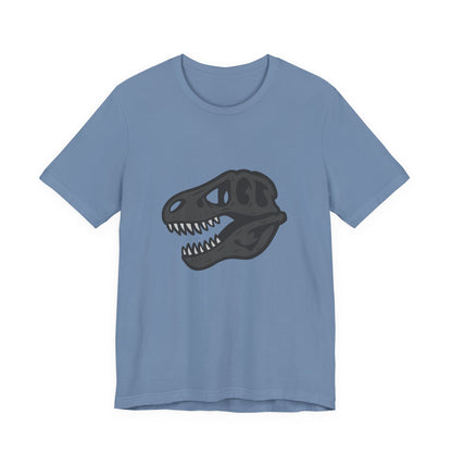 T-Rex Skull Graphic T-Shirt – Dark Theme Grayscale Dinosaur Skeleton Design on Black Tee with Prehistoric Edge and Modern Ghost Effect. Unisex Jersey Short Sleeve Tee