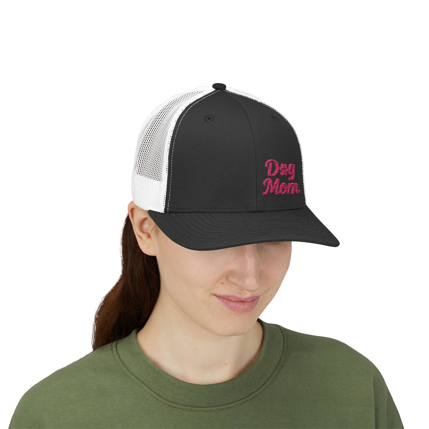 Dog Mom Trucker Hat – Embroidered Minimalist Dog Face Hat for Proud Pet Moms and Dog-Loving Style. Pink Letters