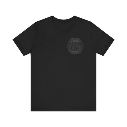 Soul Eater Mouth Graphic T-Shirt – Dark Theme Grayscale Teeth Typography on Black Tee with Horror Vibes and Modern Ghost Effect. Unisex Jersey Short Sleeve Tee