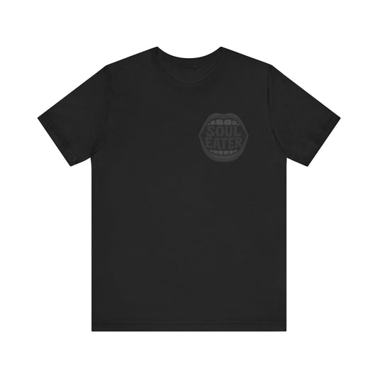 Soul Eater Mouth Graphic T-Shirt – Dark Theme Grayscale Teeth Typography on Black Tee with Horror Vibes and Modern Ghost Effect. Unisex Jersey Short Sleeve Tee