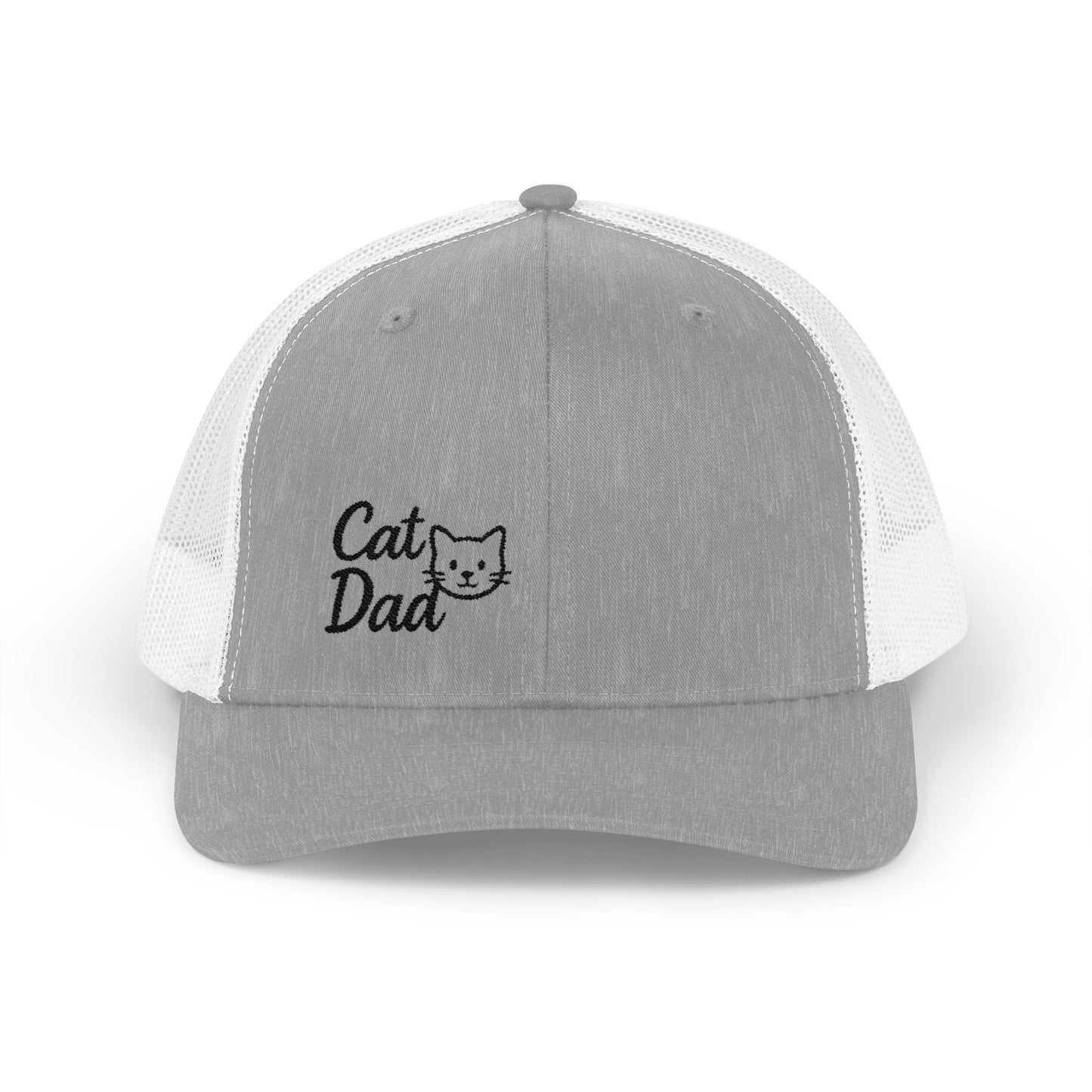 Cat Dad Trucker Hat – Embroidered Minimalist Cat Face Hat for Proud Pet Dads and Feline Fans. Black Letters