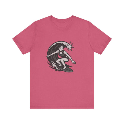 Surf Girl Graphic T-Shirt – Dark Theme Grayscale Female Surfer Riding Wave on Black Tee with Flow State Energy and Modern Ghost Effect. Unisex Jersey Short Sleeve Tee
