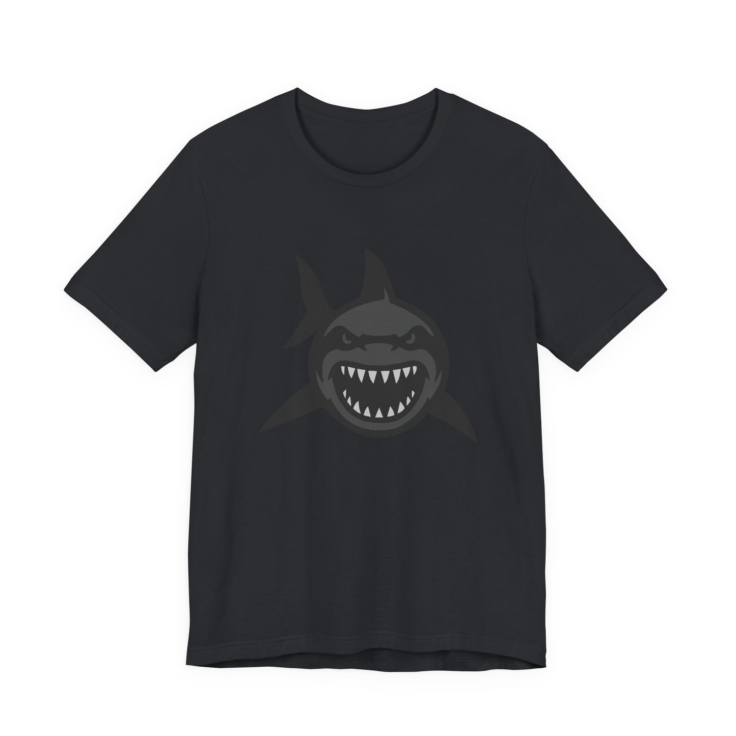 Ferocious Shark Face Graphic Tee with a Bold Bite – Dark Theme Ocean Predator Shirt in Black and Grey. Unisex Jersey Short Sleeve Tee