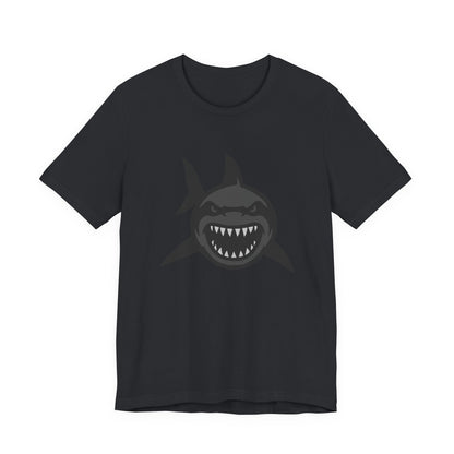 Ferocious Shark Face Graphic Tee with a Bold Bite – Dark Theme Ocean Predator Shirt in Black and Grey. Unisex Jersey Short Sleeve Tee
