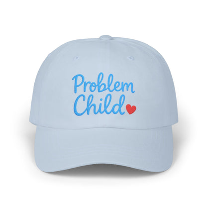 Problem Child Embroidered Classic Dad Hat – Bold Script Baseball Hat with Red Heart for the Unruly and Unapologetic. Blue Letters