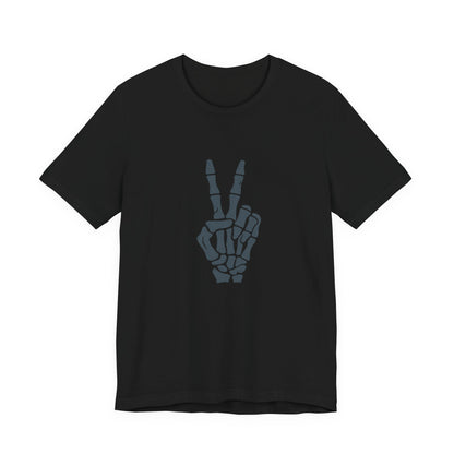 Skeleton Peace Hand Graphic T-Shirt – Gritty Dark Theme Grayscale Bones on Black Tee with Rebellious Calm and Modern Ghost Effect. Unisex Jersey Short Sleeve Tee