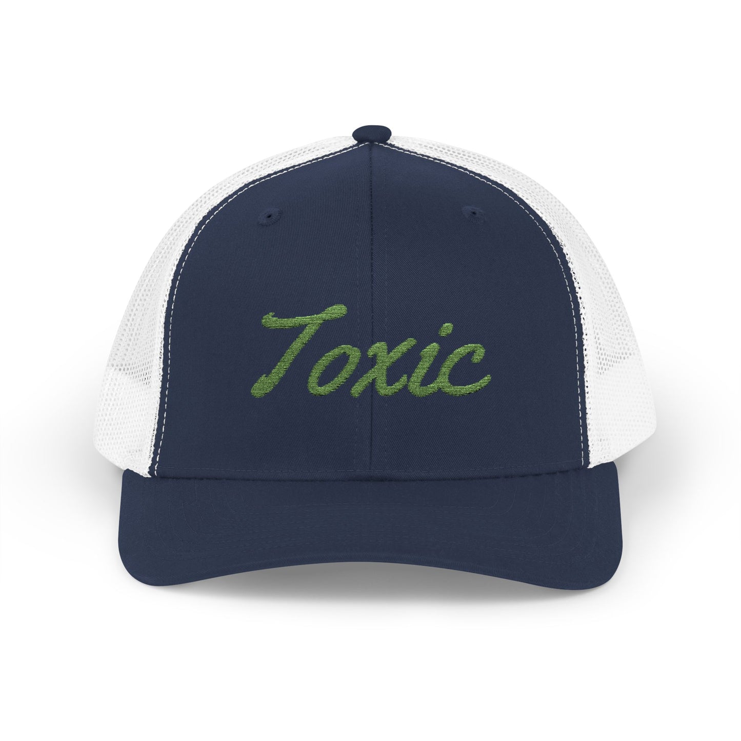 Toxic Trucker Hat – Embroidered Green Script Hat for Ironic Vibes and Bold Personality