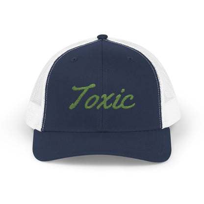 Toxic Trucker Hat – Embroidered Green Script Hat for Ironic Vibes and Bold Personality