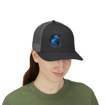 Jumping Fish Trucker Hat – Embroidered Blue Fishing Hat for Anglers, Lake Days, and Outdoor Style