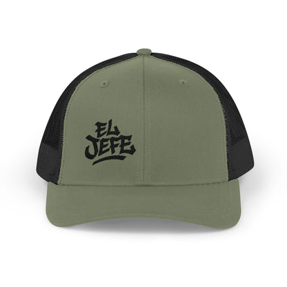 El Jefe Trucker Hat – Embroidered Bold Text Hat for Boss Energy, Leadership Style, and Latin Flair. Black Letters