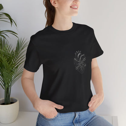 Heart in Chains Shirt – Dark Theme Anatomical Heart Wrapped in Barbed Wire and Commitment Issues. Unisex Jersey Short Sleeve Tee