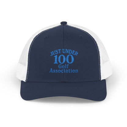 Just Under 100 Golf Trucker Hat – Embroidered Funny Golf Hat for Weekend Golfers and Casual Fairway Vibes. Blue Letters