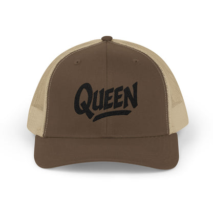 Queen Trucker Hat – Embroidered Crown Hat for Confident Women. Black Letters