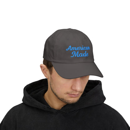 American Made Classic Dad Hat – Embroidered Patriotic Baseball Hat with Retro Script for USA Pride and Everyday Wear. Light blue letters