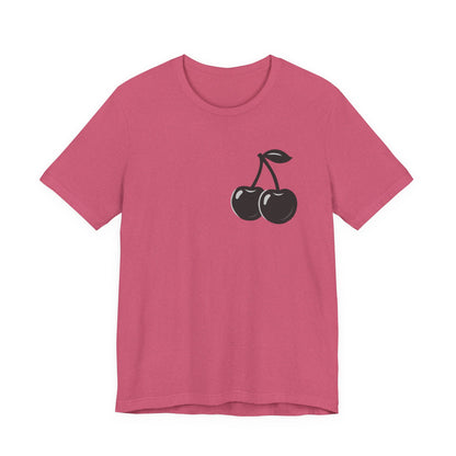 Dark Cherry Graphic T-Shirt – Minimal Dark Theme Grayscale Fruit Design on Black Tee with Subtle Style and Modern Ghost Effect. Unisex Jersey Short Sleeve Tee