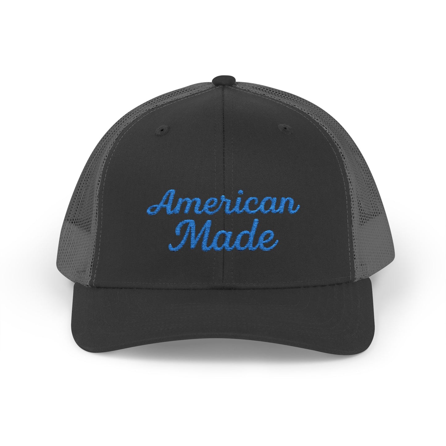 American Made Trucker Hat – Embroidered Patriotic Hat with Retro Script for USA Pride and Everyday Freedom. Blue Letters