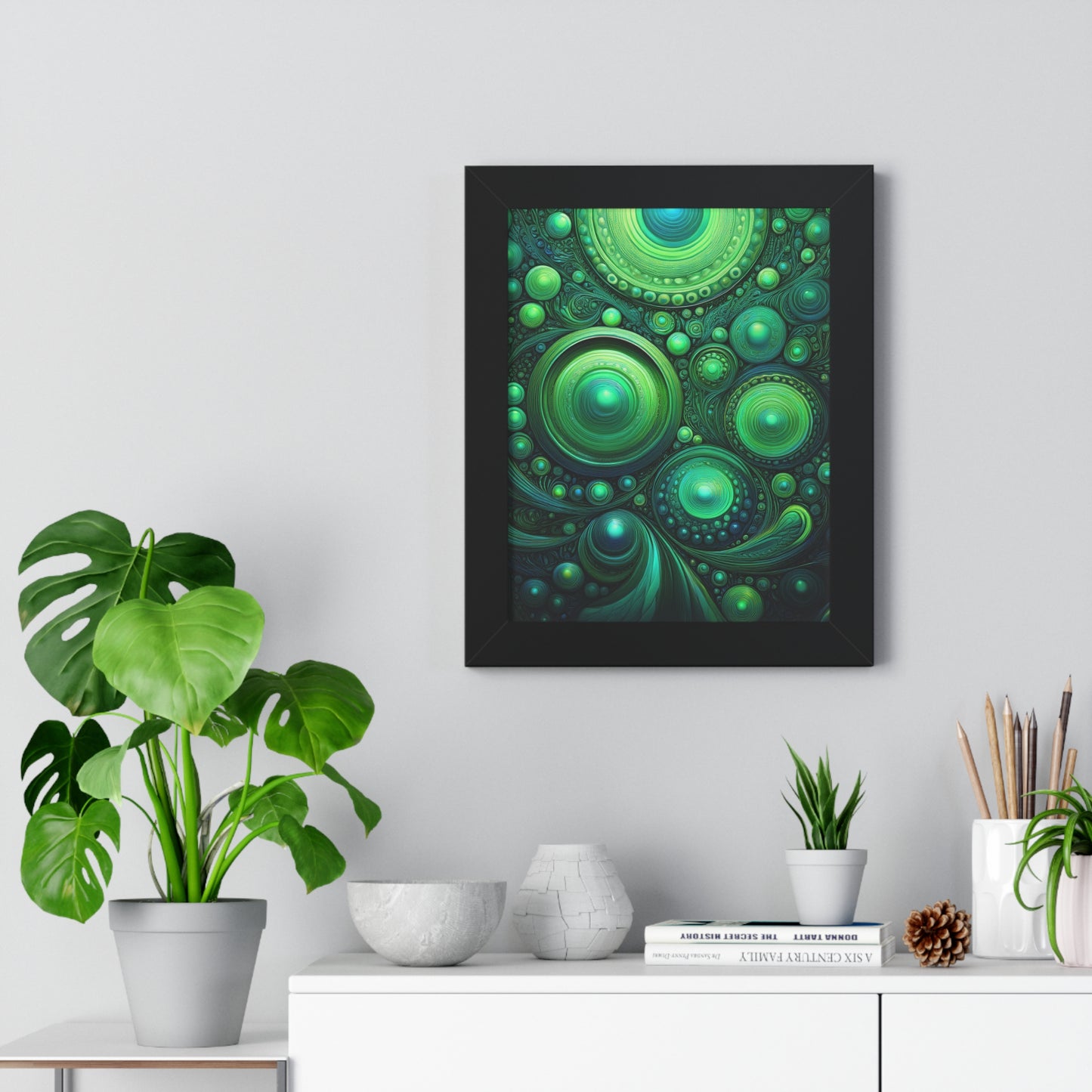 Verde Future Abstract Green Framed Vertical Poster - Modern Wall Art for Home Decor