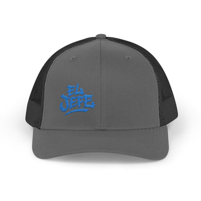 El Jefe Trucker Hat – Embroidered Bold Text Hat for Boss Energy, Leadership Style, and Latin Flair. Blue Letters