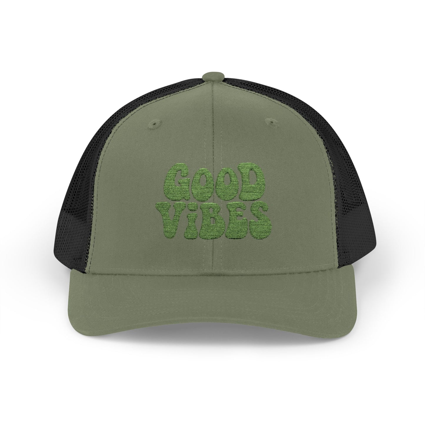 Good Vibes Trucker Hat – Embroidered Retro Text Hat for Positive Vibes, Chill Style, and Everyday Feel-Good Energy. Green Letters