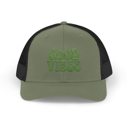 Good Vibes Trucker Hat – Embroidered Retro Text Hat for Positive Vibes, Chill Style, and Everyday Feel-Good Energy. Green Letters