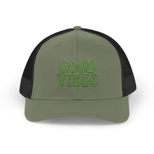 Good Vibes Trucker Hat – Embroidered Retro Text Hat for Positive Vibes, Chill Style, and Everyday Feel-Good Energy. Green Letters