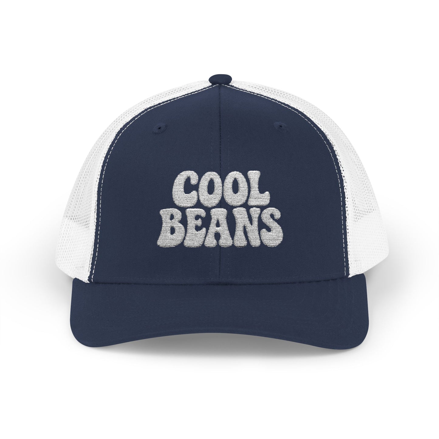 Cool Beans Trucker Hat – Embroidered Funny Minimalist Hat for Dry Humor and Casual Vibes. White Letters