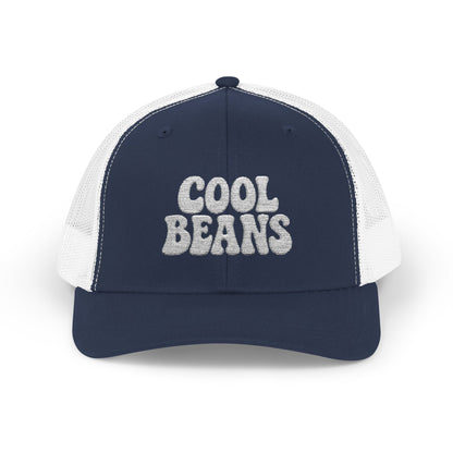 Cool Beans Trucker Hat – Embroidered Funny Minimalist Hat for Dry Humor and Casual Vibes. White Letters