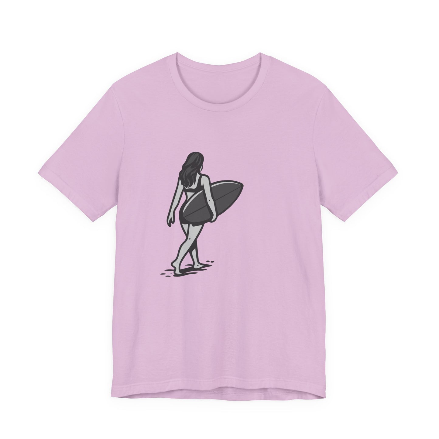 Surfer Girl Walking Graphic T-Shirt – Dark Theme Grayscale Beach Scene on Black Tee with Coastal Calm and Modern Ghost Effect. Unisex Jersey Short Sleeve Tee