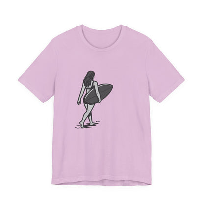 Surfer Girl Walking Graphic T-Shirt – Dark Theme Grayscale Beach Scene on Black Tee with Coastal Calm and Modern Ghost Effect. Unisex Jersey Short Sleeve Tee