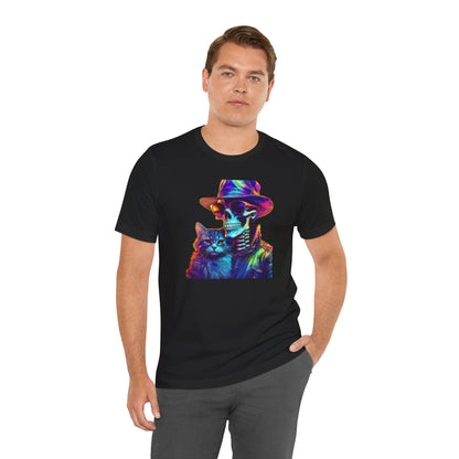 Cool Skeleton and Cat Halloween Shirt – Neon Retro Horror Graphic Tee for Spooky Style and Cat Lovers