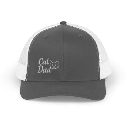 Cat Dad Trucker Hat – Embroidered Minimalist Cat Face Hat for Proud Pet Dads and Feline Fans. White Letters