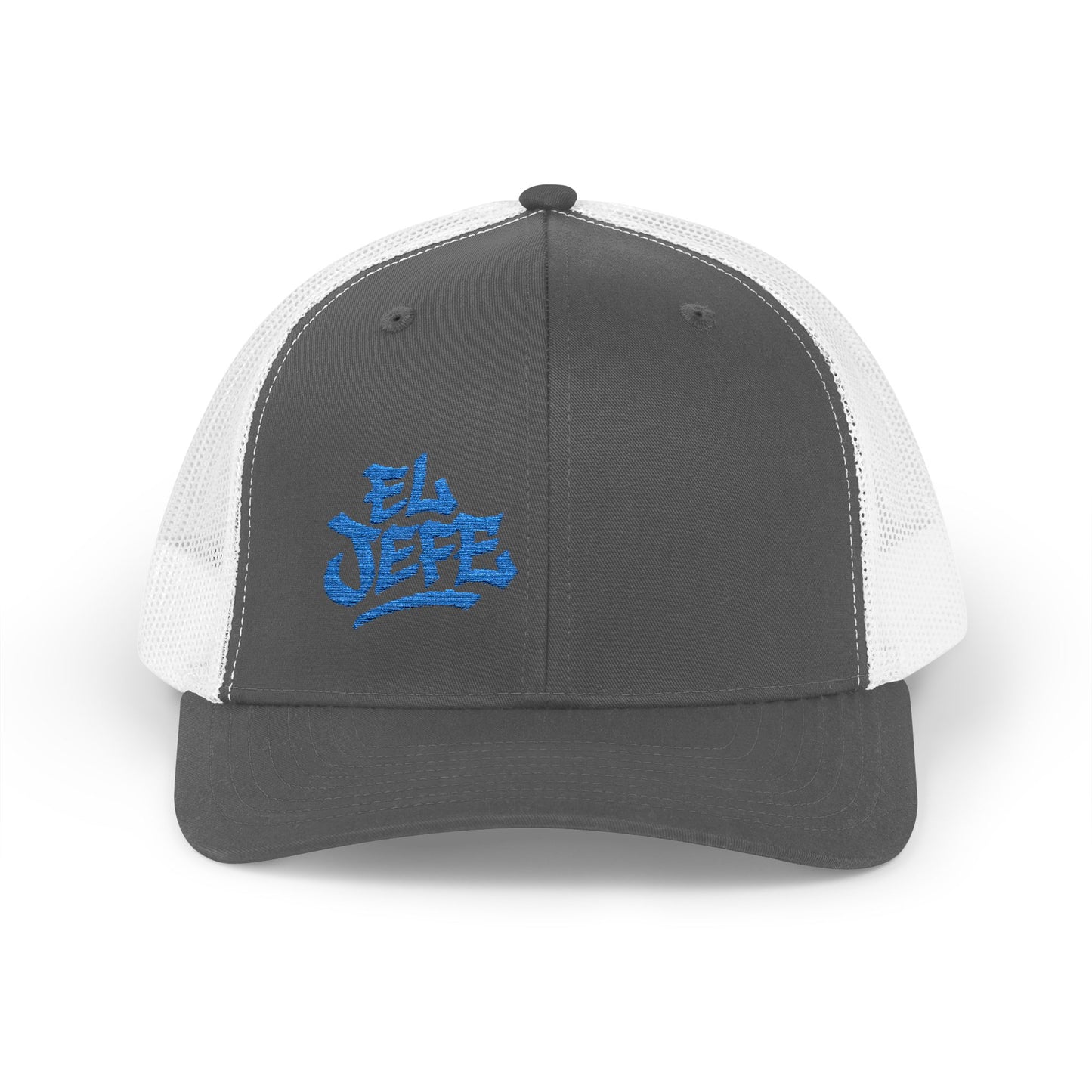 El Jefe Trucker Hat – Embroidered Bold Text Hat for Boss Energy, Leadership Style, and Latin Flair. Blue Letters