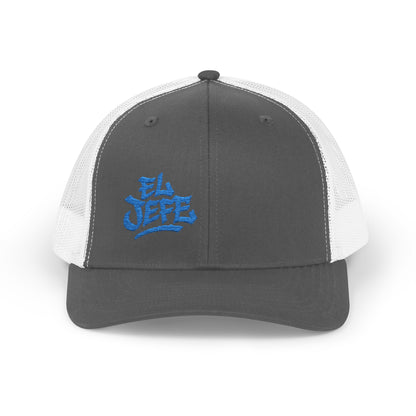 El Jefe Trucker Hat – Embroidered Bold Text Hat for Boss Energy, Leadership Style, and Latin Flair. Blue Letters