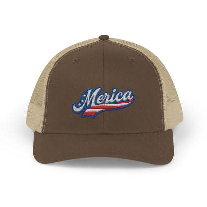 Merica Trucker Hat – Patriotic Embroidered Hat with Vintage Sports Style