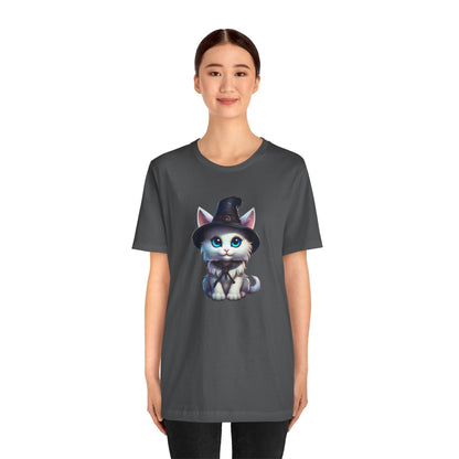 Adorable Witch Cat Halloween Shirt – Cute White Cat in Hat Graphic Tee for Cat Lovers and Halloween Fans