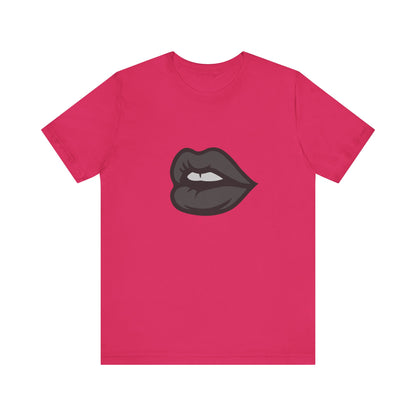 Dark Lips Graphic T-Shirt – Dark Theme Grayscale Biting Lip Design on Black Tee with Subtle Seduction and Modern Ghost Effect. Unisex Jersey Short Sleeve Tee