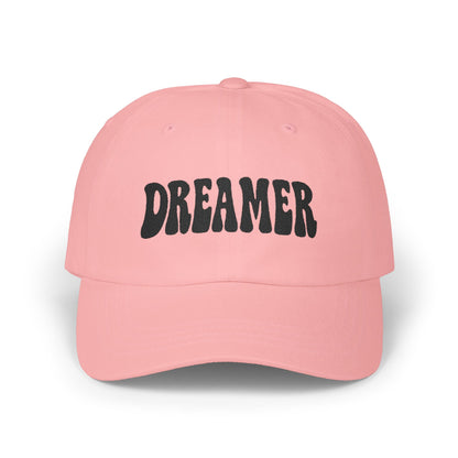 Dreamer Classic Dad Hat – Embroidered Minimalist Script Hat for Visionaries, Creatives, and Chill Daydreamers. Black Letters