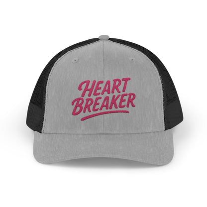 Heartbreaker Trucker Hat – Bold Baseball Hat with Retro Script and Broken Heart Design for Confident Rule-Breakers. Pink Letters