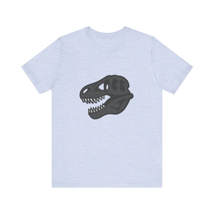 T-Rex Skull Graphic T-Shirt – Dark Theme Grayscale Dinosaur Skeleton Design on Black Tee with Prehistoric Edge and Modern Ghost Effect. Unisex Jersey Short Sleeve Tee