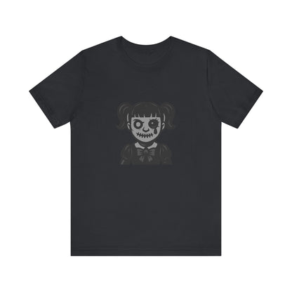 Scary Doll Graphic T-Shirt – Dark Theme Grayscale Creepy Cute Girl Design on Black Tee with Haunted Vibes and Modern Ghost Effect. Unisex Jersey Short Sleeve Tee