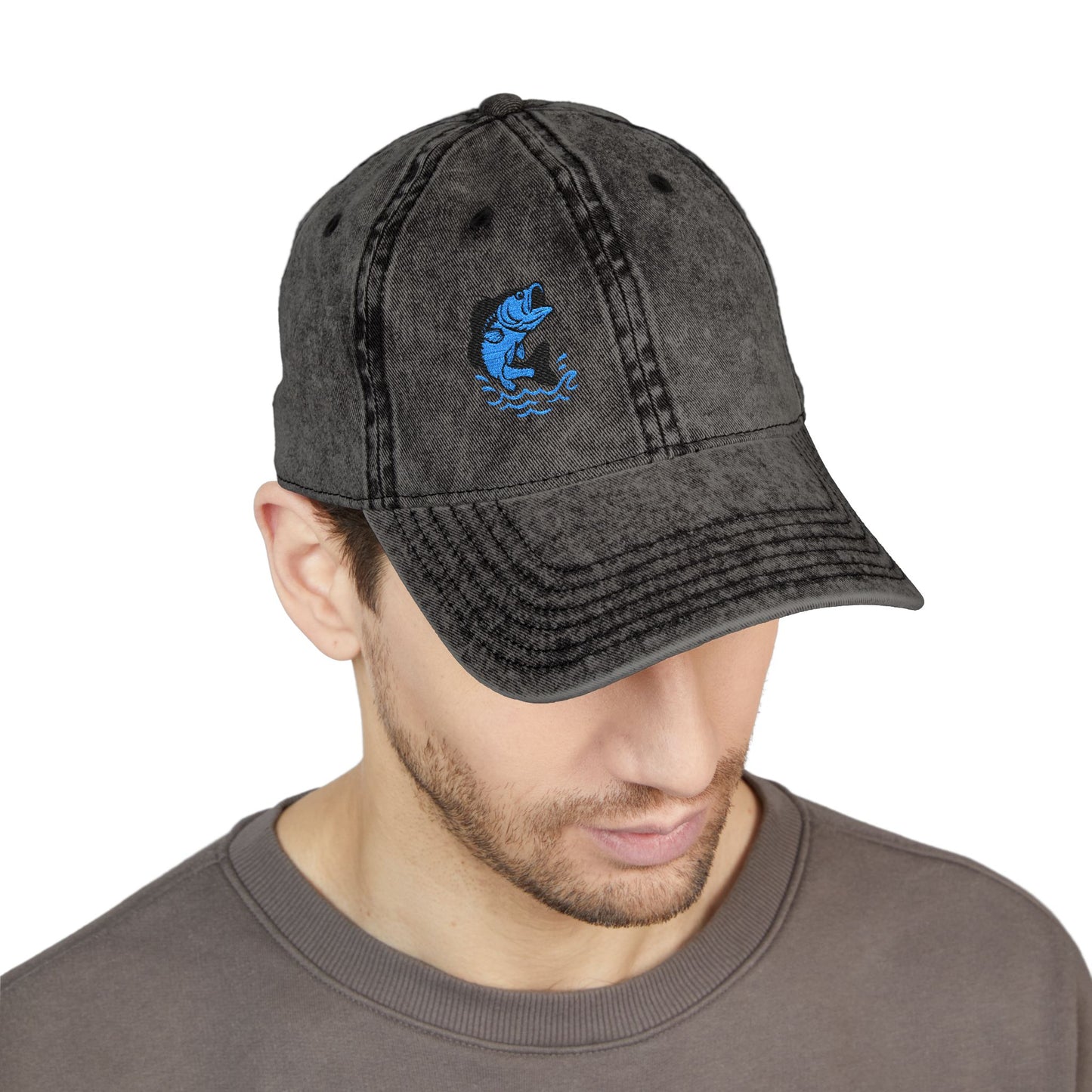 Jumping Fish Vintage Hat – Embroidered Blue Fishing Hat for Anglers, Lake Days, and Outdoor Style