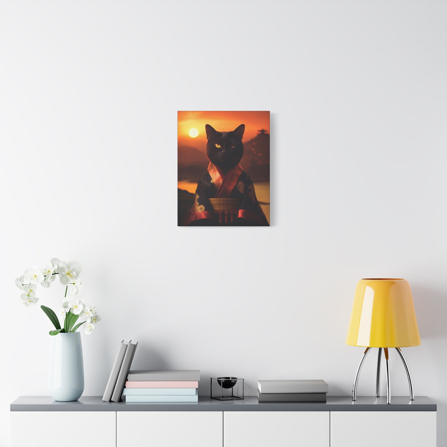 Zen Whiskers: Geisha Cat at Sunset Canvas Art | Stretched Matte Wall Decor 002