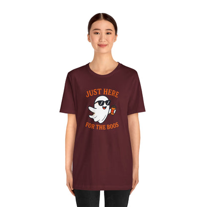 Just Here for the Boos Halloween Shirt – Funny Ghost Drinking Coffee Graphic Tee for Spooky Season