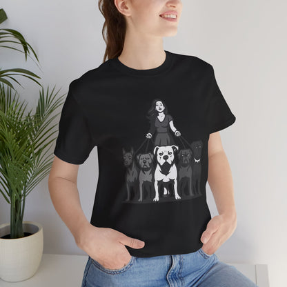 Alpha Woman with Dog Pack Graphic Tee Dark Theme – Confident Dog Walker Vector Design
