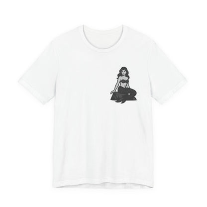 Mermaid Graphic T-Shirt – Dark Theme Grayscale Siren on Rock Design on Black Tee with Fantasy Vibes and Modern Ghost Effect. Unisex Jersey Short Sleeve Tee