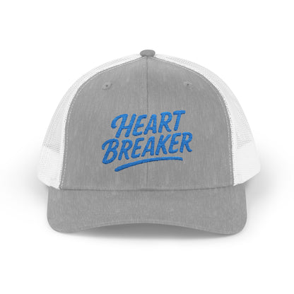Heartbreaker Trucker Hat – Bold Baseball Hat with Retro Script and Broken Heart Design for Confident Rule-Breakers. Blue Letters
