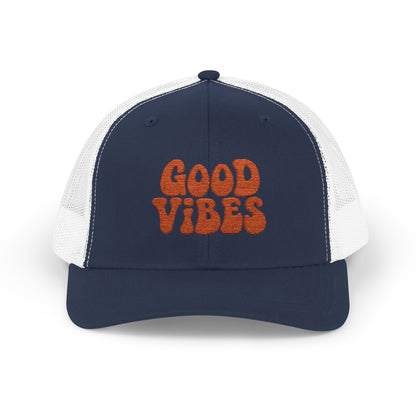 Good Vibes Trucker Hat – Embroidered Retro Text Hat for Positive Vibes, Chill Style, and Everyday Feel-Good Energy. Orange Letters