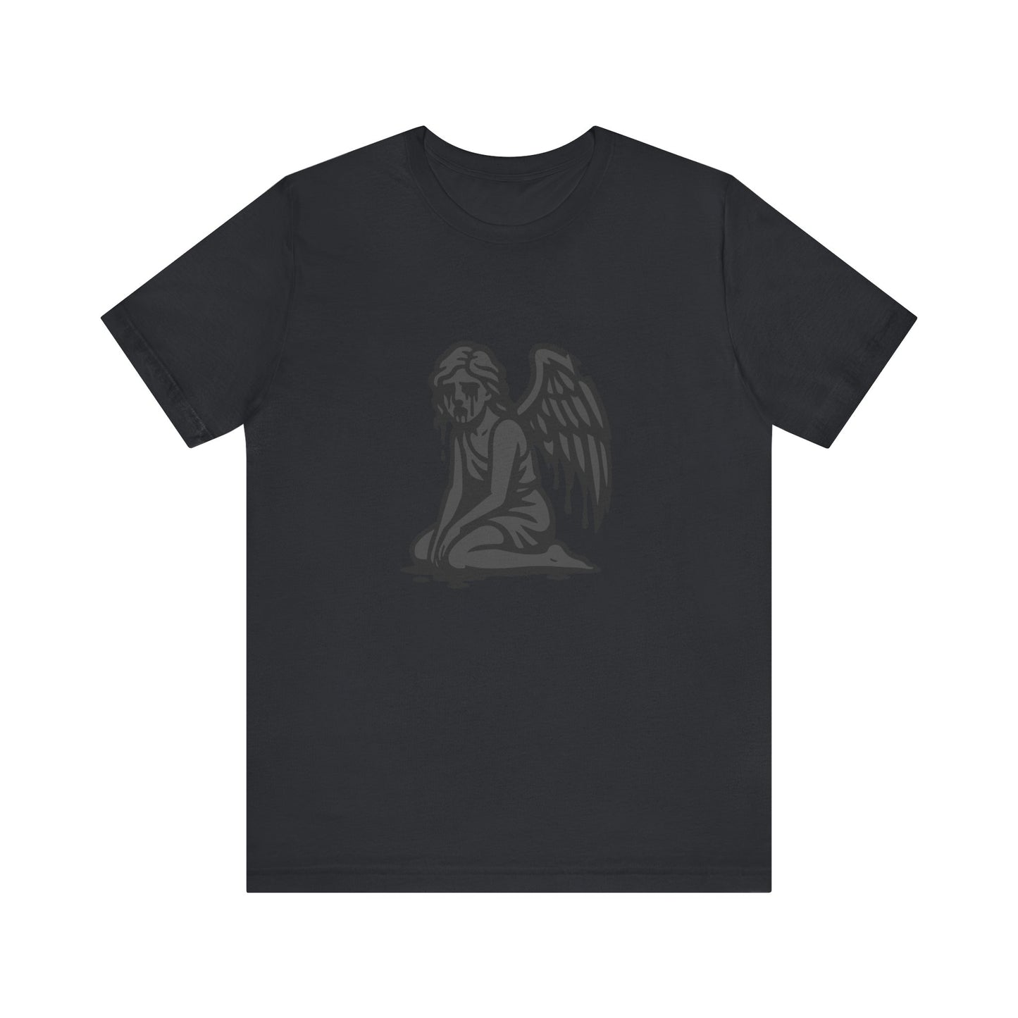 Fallen Angel Dark Theme Graphic T-Shirt – Dark Grayscale Crying Angel Design on Black Tee with Gothic Mood and Modern Ghost Effect. Unisex Jersey Short Sleeve Tee